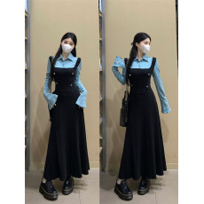 批发实拍 大码女装2025秋冬新款撞色拼接翻领遮跨显瘦长裙连衣裙女