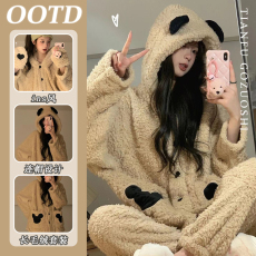 批发长毛绒珊瑚绒睡衣女连帽秋冬季ins风高颜值加绒法兰绒家居服