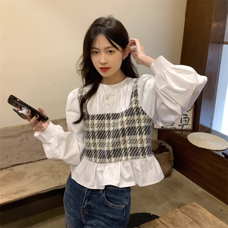 2024 fake two-piece plaid long-sleeved shirts for women with niche French style tops