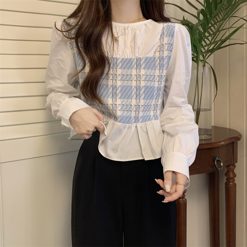 2024 fake two-piece plaid long-sleeved shirts for women with niche French style tops