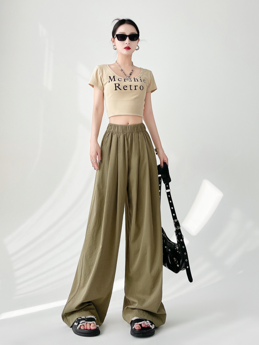 MY820# 山本裤夏季女高腰垂感休闲日系慵懒感褶皱拖地直筒裤女裝貨源服裝批發