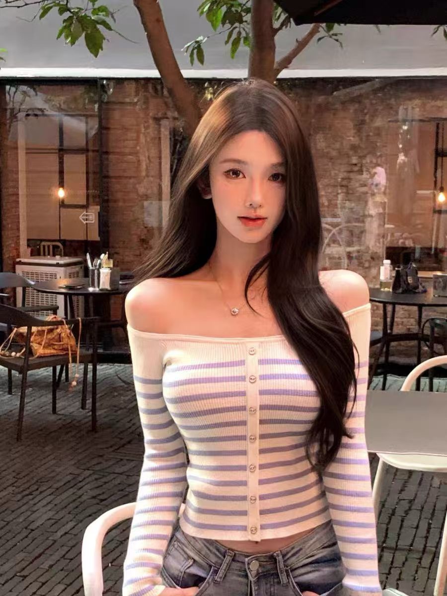 5% off on new products JAYKY YANG Sea Salt Soda One Shoulder Blue and White Striped Top Slim Knitted Sweater