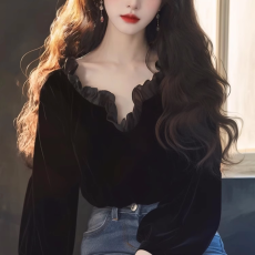 批发法式赫本风黑色丝绒上衣女2026春秋新款绝美公主风独特超好看<b class='q'>衬衫</b>