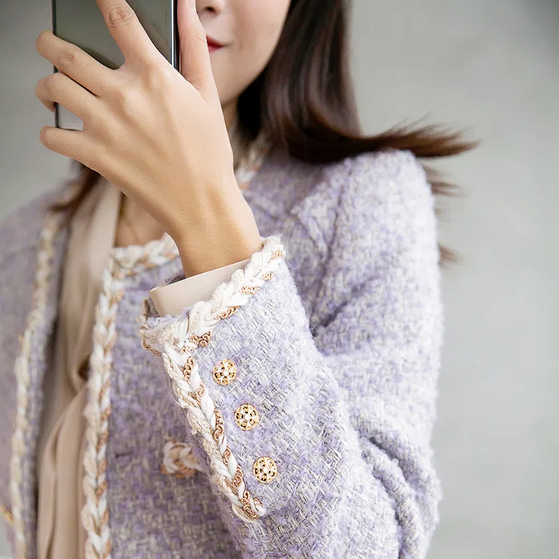 高级感高端小香风熏衣紫粗花呢开衫外套上衣女2024秋冬短款小个子