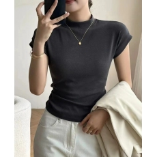 批发2024秋季新款立领羊绒面料短袖褶皱收腰韩版上衣女t恤打底衫