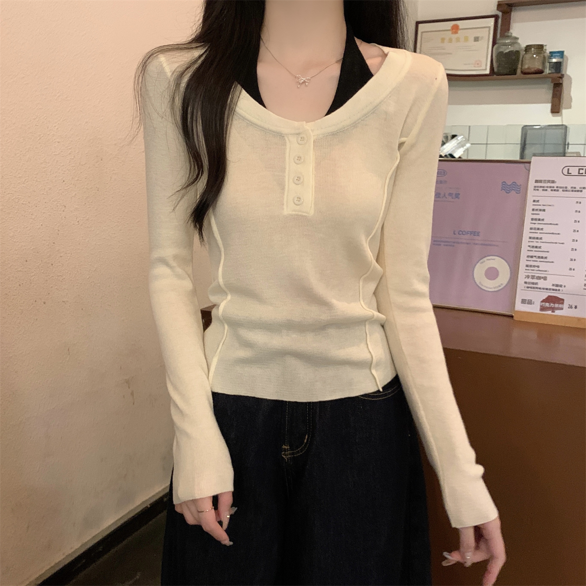Actual shot of autumn and winter Korean style halterneck contrasting fake two-piece fishbone design wool knitted bottoming top