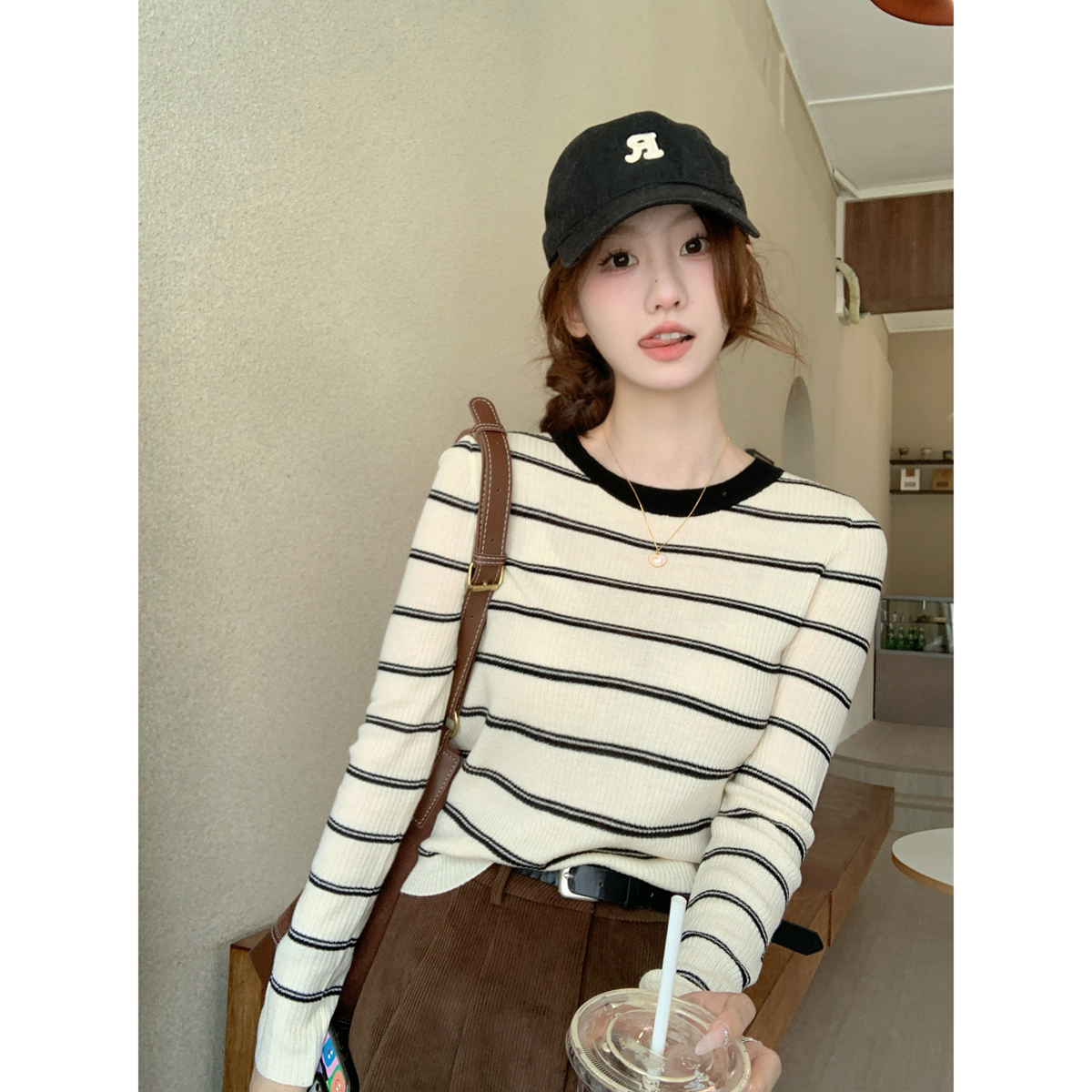 Actual shot of autumn and winter Korean style contrasting round neck striped versatile 6 wool long-sleeved knitted bottoming shirt top for women