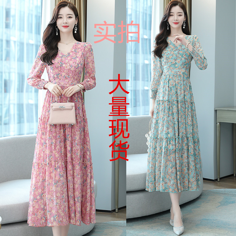 PF22579#印花雪纺长袖连衣裙仙女气质收腰显瘦大摆裙女女裝貨源服裝批發
