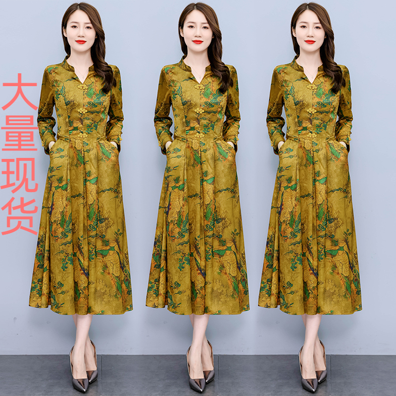 PF22578#新款长袖花罗提花香云纱复古盘扣印花连衣裙女女裝貨源服裝批發