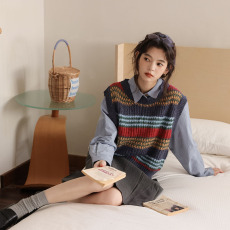 批发秒发实拍 复古彩色<b class='q'>条纹</b>针织马甲毛衫女