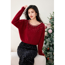 批发实拍◆有圆领毛衣女2025新款秋冬款露肩珍珠宽松百搭针织上衣