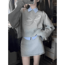 批发实价秋季三件套搭韩系独特绝美灰色卫衣短裙温柔风气质小套装