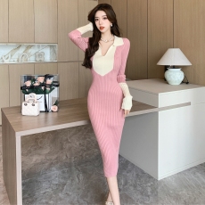 批发实拍 新款法式气质V领针织长袖连衣裙女早秋内搭打底修身包臀长裙