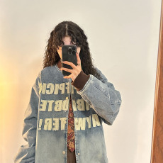 批发美式潮牌棒球服字母贴布牛仔外套男宽松春秋情侣撞色oversize夹克