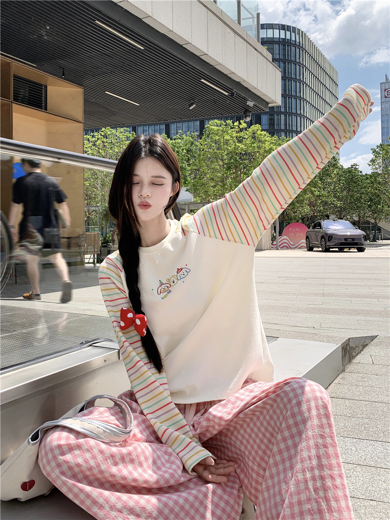 무지개 스트라이프 긴팔 티셔츠 여성 봄 ins 바람 다용도 맨위 기본 셔츠 실사 정가