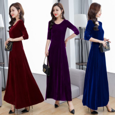 批发春秋冬新款金丝绒连衣裙气质<b class='q'>长款</b>圆领长袖<b class='q'>旗袍</b>大码女打底裙长裙子
