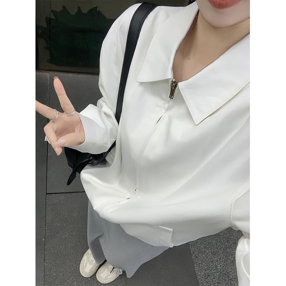 Actual shot ~ Lapel jacket short coat women's American retro loose casual solid color versatile zipper top autumn