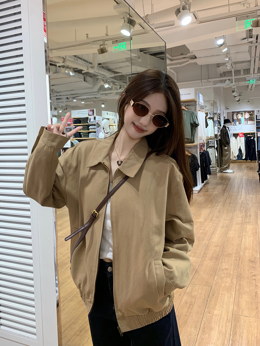 Actual shot ~ Lapel jacket short coat women's American retro loose casual solid color versatile zipper top autumn