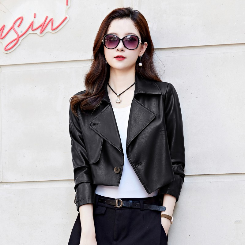 Short pu leather jacket for women 2024 new autumn style small versatile high-waisted temperament leather jacket top