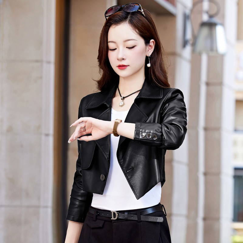 Short pu leather jacket for women 2024 new autumn style small versatile high-waisted temperament leather jacket top