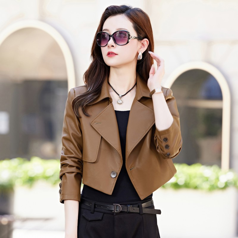 Short pu leather jacket for women 2024 new autumn style small versatile high-waisted temperament leather jacket top