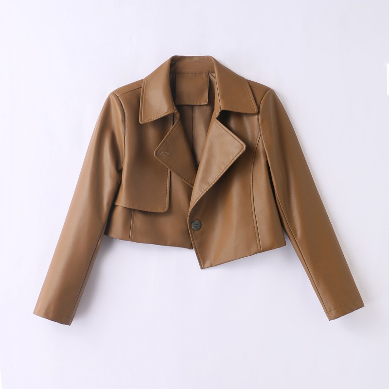 Short pu leather jacket for women 2024 new autumn style small versatile high-waisted temperament leather jacket top