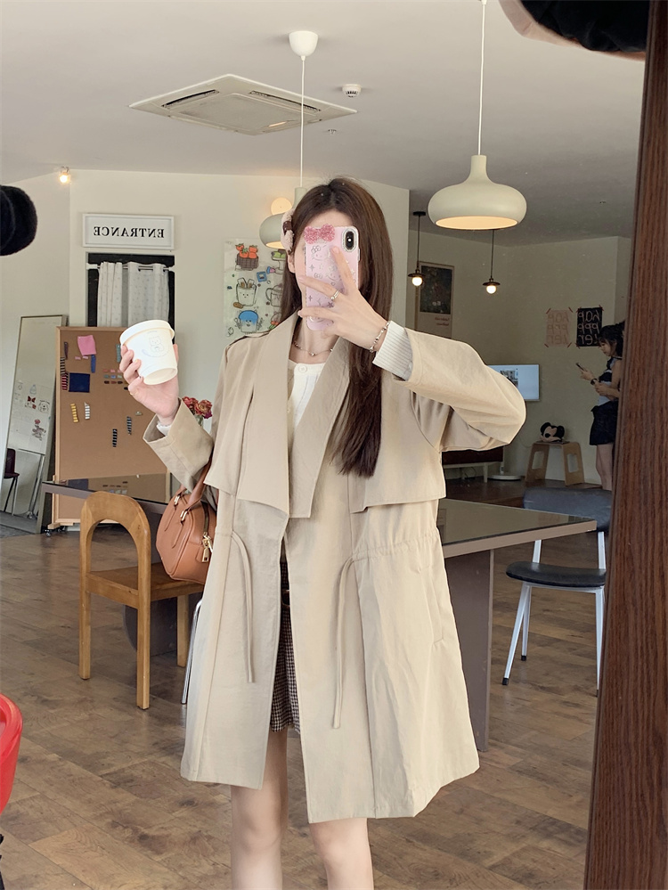 MY12548#大码抽绳休闲风衣外套女中长款百搭秋季外套女女裝貨源服裝批發