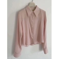 批发粉色尖领单排扣短款衬衫女春季新款休闲百搭<b class='q'>长袖</b>上衣