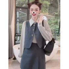 批发小香风减龄马甲套装女春秋设计感别致长袖衬衫高腰半身裤裙三件套