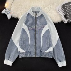 批发<b class='q'>嘻哈</b>复古做旧牛仔夹克男棒球服美式水洗立领小众设计外套