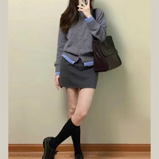 批发韩版hiphop灰色软糯针织衫女春秋高级感气质休闲百搭纽扣开衫外套