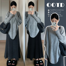 批发现~孕妇春季慵懒风蝙蝠袖毛衣 针织半身裙两件套套装