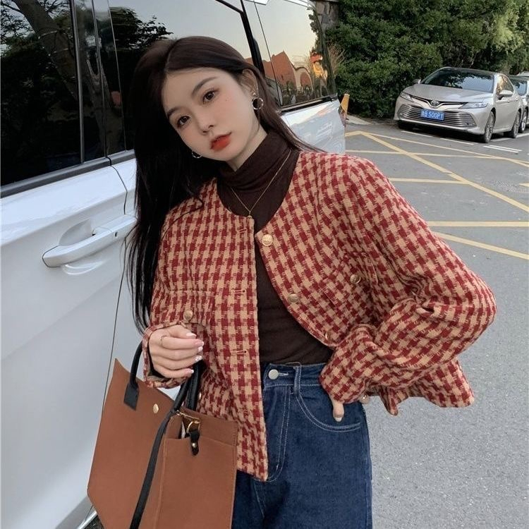 New autumn and winter British retro suit short long-sleeved tops for women houndstooth small fragrant style short coats
