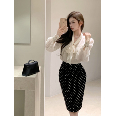 批发实拍复古性感蝴蝶结气质蕾丝拼接长袖<b class='q'>衬衫</b>+<b class='q'>波点</b>包臀半身裙女