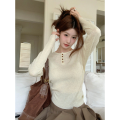 Real shot of autumn and winter Korean style round neck button simple 6 wool soft and waxy all-match knitted bottoming shirt long-sleeved top