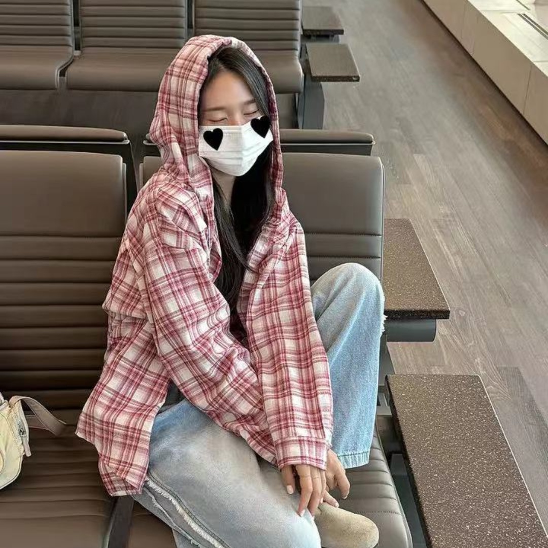 한국 스타일 봄 후드 격자 무늬 셔츠 하라주쿠 스타일 캐주얼 긴팔 자외선 차단 의류 여성 코트 패션 디자인 센스 셔츠