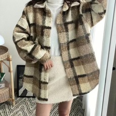 批发韩版冬季大码宽松圈圈毛格子衬衫时尚设计感休闲百搭毛呢衬衣外套