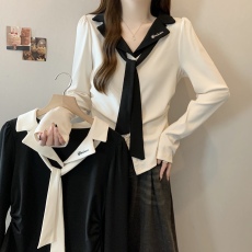 批发大码胖mm学院风撞色polo领长袖T恤春季新款纯欲修身显瘦领带上衣