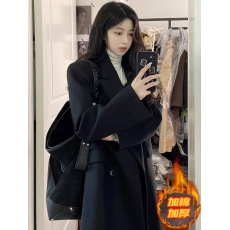 批发黑色赫本风毛呢外套女款秋冬加厚高级感2025新款小个子中长款大衣
