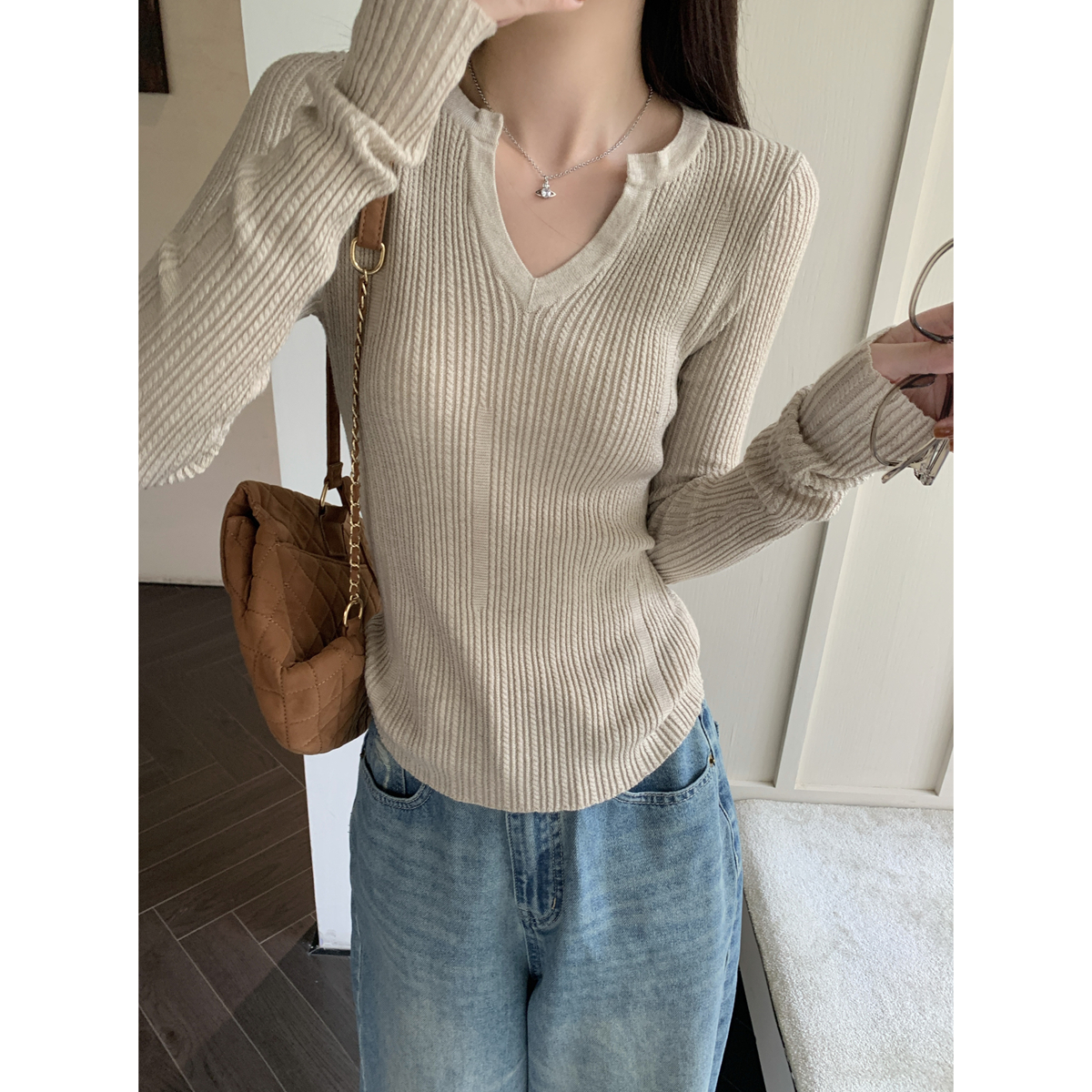 Actual shot of autumn and winter Korean style slim fit half open collar slim design soft waxy 6 wool knitted bottoming top