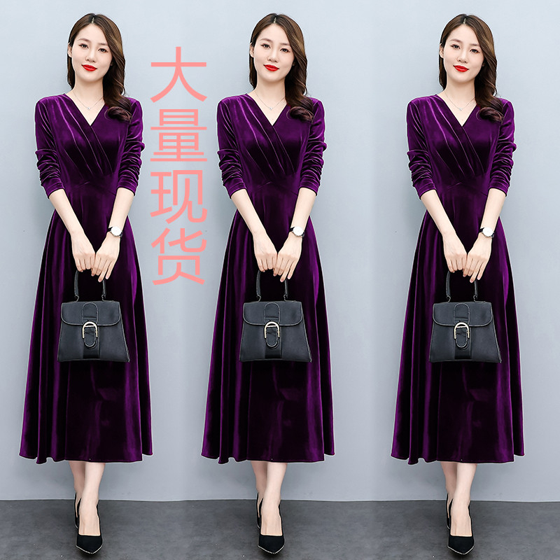 PF22575#长裙女新款高贵气质中长款打底金丝绒连衣裙女女裝貨源服裝批發
