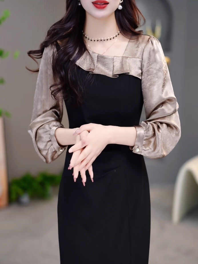 RY151# 春季新款法式洋气拼接显瘦大码连衣裙御姐风长袖裙子