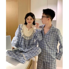 批发实拍实价韩版公主风情侣甜美重工<b class='q'>蕾丝</b>休闲格子宽松舒适秋冬家居服