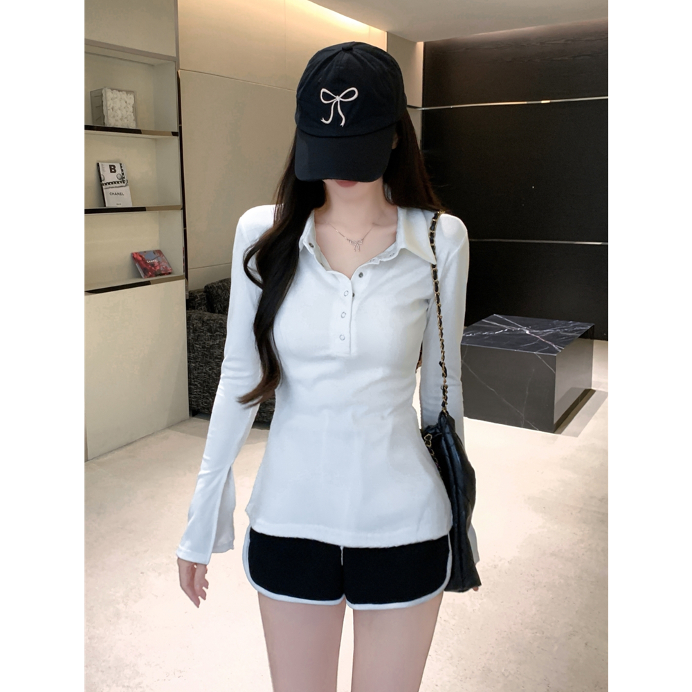 Real shot of rayon 1*1 2024 autumn long-sleeved T-shirt women's button-down polo collar design top