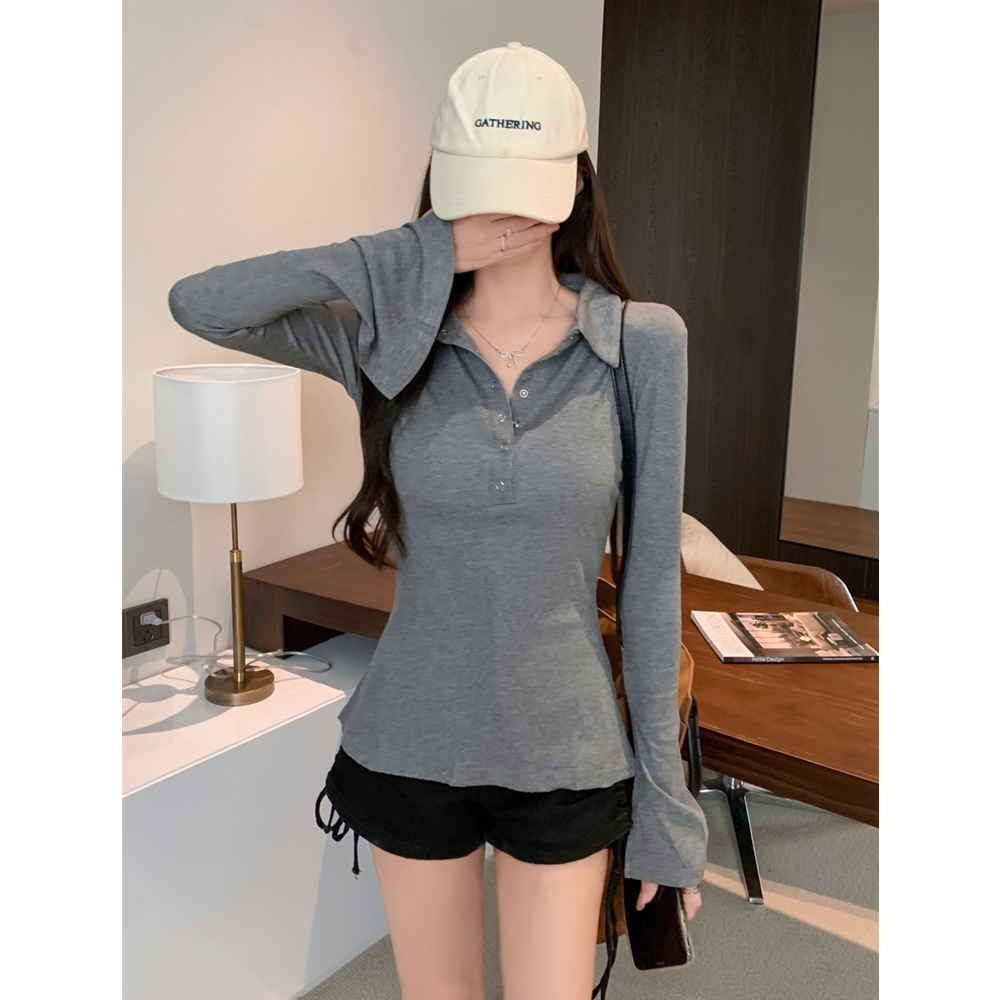 Real shot of rayon 1*1 2024 autumn long-sleeved T-shirt women's button-down polo collar design top