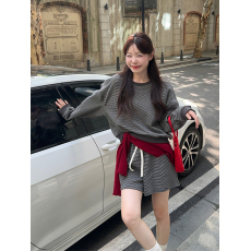 批发实拍有货 韩系条纹圆领卫衣<b class='q'>短裤</b>秋冬高级感<b class='q'>运动</b>休闲宽松套装<b class='q'>女</b>