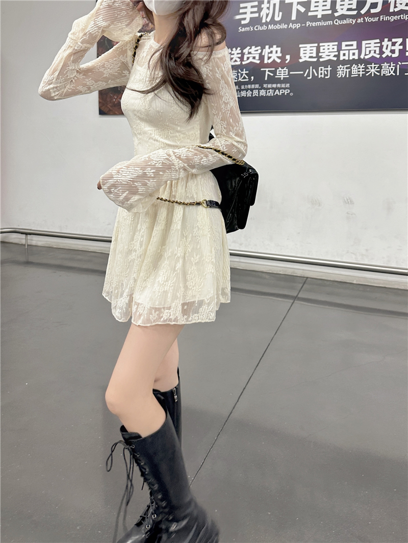 Photographed Korean-style almond-colored waist-cinching A-line short skirt for women, gentle breeze temperament sexy lace dress