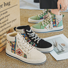 批发秋季新款高帮灯芯绒布面板鞋潮流个性草编增高户外休闲<b class='q'>运动</b>男鞋