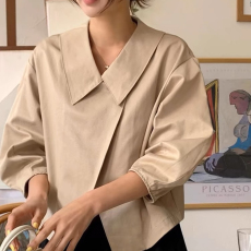 批发韩国chic春季法式设计感翻领不规则交叉宽松百搭长袖<b class='q'>风衣</b>短外套女