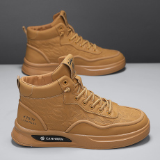 批发高帮秋季新款男士<b class='q'>运动</b>鞋纯色皮面时尚免系带套脚休闲工作板鞋男鞋